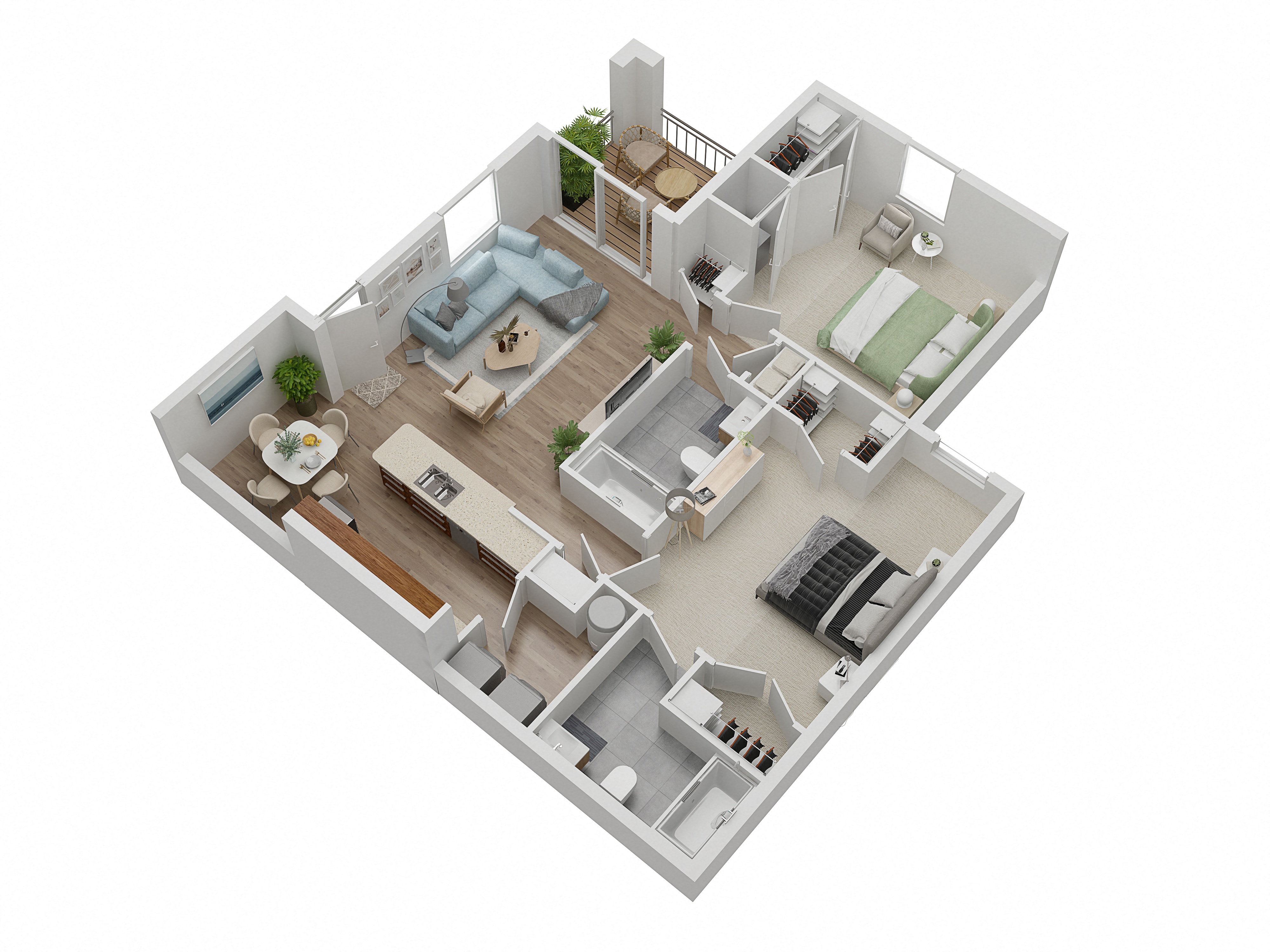 Floor plan for 2 beds, 2 baths, 1055 sqft